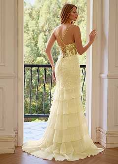 Nerissa Yellow Sequin Embroidery Tier Tulle High Split V-neck Mermaid Marine Prom Dress image2