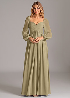 Azazie Bailee Vestidos de damas de honor Vestido de Musgo Verde de Gasa de Corte en A con Manga larga image6