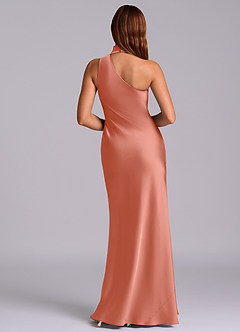 Azazie Seona Vestidos de madrinha de casamento Vestido Rosa Salmão de Cetim elástico de sereia com Ombro Único image5
