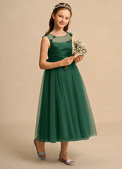 Azazie Snowball Girl Jurken voor bloemenmeisjes Baljurk Jurk van Tule Geplooid Donkergroen image6