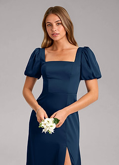 Azazie Fyona Vestidos de damas de honor Vestido de Azul Marino Oscuro de Satén Elástico de Corte en A con Plisado image6