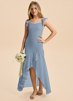 Azazie Junie Junior Dusty Blue A-Line Ruched Chiffon Dress image6