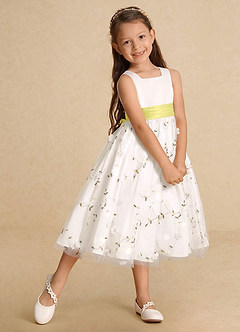 Azazie Pollie Flower Girl Dresses Ivory Canary A-Line Bow Tulle Dress image9