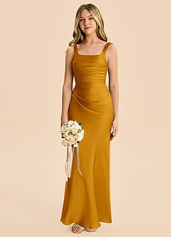 Azazie Agustina Junior Butterscotch Sheath Pleated Stretch Satin Dress image4