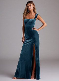Azazie Junia Vestidos de damas de honor Vestido de Topacio Azul de terciopelo de Corte Recto Convertible con Vestidos sin tirantes image4