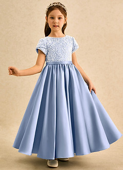 Azazie Cashew Flower Girl Dresses Ice Ball-Gown with Sleeves Matte Satin Dress image4