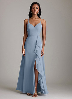 Azazie Naeem Bridesmaid Dresses Dusty Blue A-Line V-Neck Ruffle Chiffon Dress image3