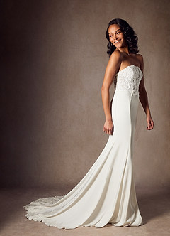 Azazie Lewena Wedding Dresses Diamond White Mermaid Lace Crepe Back Satin Dress image5