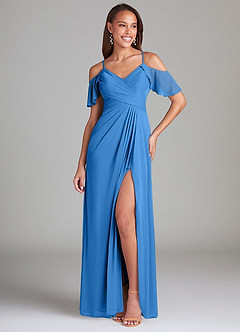 Azazie Dakota Bridesmaid Dresses Blue Jay A-Line Off the Shoulder Mesh Dress image1