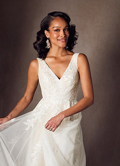 Azazie Joie At-home Try On Dresses Diamond White Champagne A-Line V-Neck Sequins Tulle Dress image6