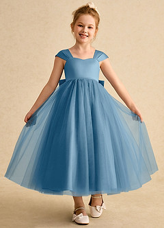 Azazie Chickadee vestidos de niña de las flores Vestido de Azul Acero de Satin Mate de Princesa con Escote de Corazón image4