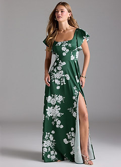 Azazie Bondi Bridesmaid Dresses Green Botanicals A-Line Bow Stretch Satin Dress image4