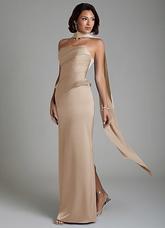 Azazie Harlow Robes de demoiselle d'honneur Robe Fourreau en Satin extensible Corset Taupe image8