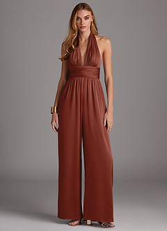 Azazie Oli Brautjungfernkleider Plissee Stretch-Satin Overall/Jumpsuit Rotbraun image3
