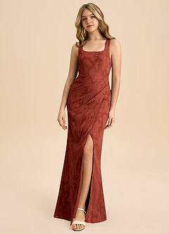 Azazie Mero Junior Jurk van Bloemen Burn-out met Kolom Geplooid Terracotta image3