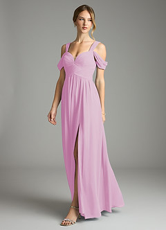 Azazie Lianne Bridesmaid Dresses Candy Pink A-Line Off the Shoulder Chiffon Dress image4