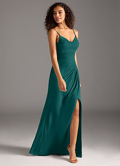 Azazie Deandra Abiti da Damigella Abito Sirena in Chiffon Plissettato Verde Pavone image4