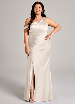 Azazie Madelyn Vestidos de damas de honor Vestido Alabastro Blanco de Satén Elástico de Corte Sirena Convertible con Un hombro image9