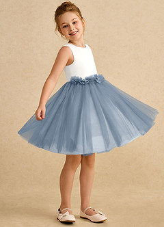 Azazie Louisa Abiti da Ragazza di Fiori Abito A-Line in Tulle Senza Maniche Avorio Blu Polvere image3
