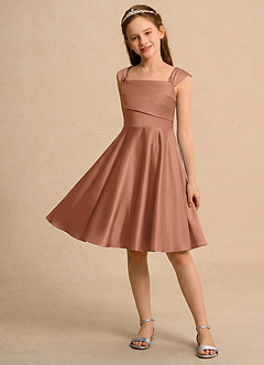 Azazie Budle Girls Formal Flower Girl Dresses Bronzer A-Line Pleated Matte Satin Dress image3