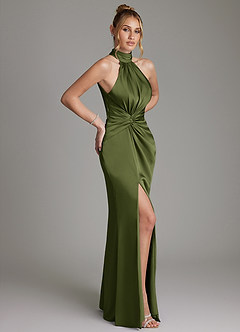 Azazie Gracelynn Vestidos de damas de honor Vestido de Oliva de Satén Elástico de Corte Recto con Plisado image7
