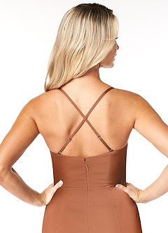 Azazie Marzia Bridesmaid Dresses Copper Sheath Cowl Pleated Stretch Satin Dress image5