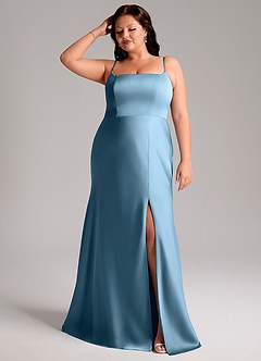 Azazie Lidia Bridesmaid Dresses Steel Blue Mermaid Side Slit Stretch Satin Dress image8