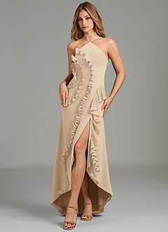 Azazie Yelena Bridesmaid Dresses Champagne A-Line Ruched Chiffon Dress image1