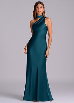 Azazie Seona Bridesmaid Dresses Ink Blue Mermaid One Shoulder Stretch Satin Dress image1