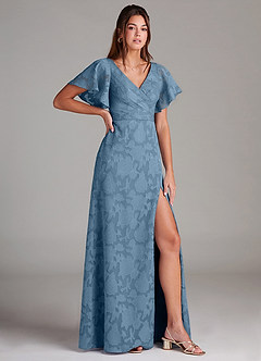 Azazie Ambrosia Bridesmaid Dresses Steel Blue A-Line Pleated Floral Burnout Dress image3
