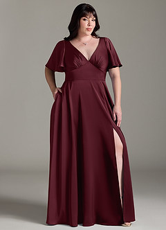 Azazie Kimber Bridesmaid Dresses Cabernet A-Line Ruched Stretch Satin Dress image9