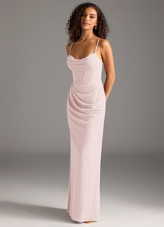 Azazie Mai Bridesmaid Dresses Blushing Pink Sheath Pleated Mesh Dress image1