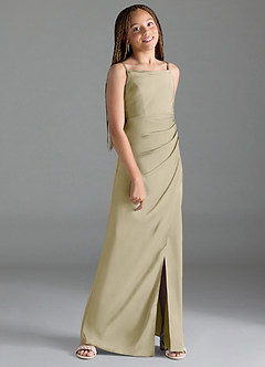 Azazie Leonis Junior Moss Green A-Line Pleated Stretch Satin Dress image3