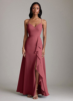 Azazie Naeem Vestidos de damas de honor Vestido de Merlot de Gasa de Corte en A con Cuello en V fruncido image3