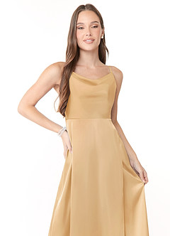 Azazie Naomie Vestidos de damas de honor Vestido de Oro de Satén Elástico de Corte en A con Cuello V con abertura lateral image5