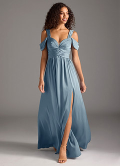 Azazie Lianne Robes de demoiselle d'honneur Robe Trapèze en Satin extensible Épaule décolletée Bleu Poussiéreux image2