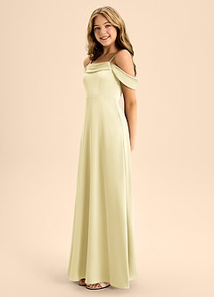 Azazie Anselie Junior Lemon Sorbet A-Line Off the Shoulder Stretch Satin Dress image6