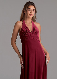 Azazie Tessie Bridesmaid Dresses Burgundy A-Line Pleated Velvet Dress image3