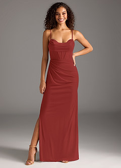 Azazie Mai Bridesmaid Dresses Rust Sheath Pleated Mesh Dress image3