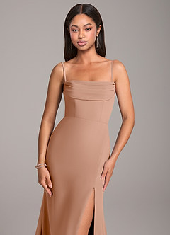 Azazie Saige Bridesmaid Dresses Champagne Rose Sheath Off the Shoulder Chiffon Convertible Dress image2