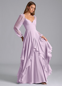 Azazie Karan Bridesmaid Dresses Frosted Lilac A-Line Long Sleeve Chiffon Dress image4