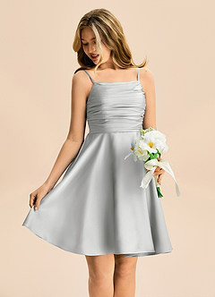 Azazie Miko Junior Silver A-Line Pleated Stretch Satin Dress image4