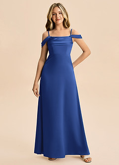 Azazie Lettie Junior A-Line Off-Shoulder Stræk satin Gulv-længde Junior brudepige Kjole image4