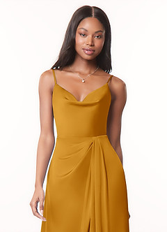 Azazie Brielle Bridesmaid Dresses Butterscotch A-Line Cowl Spaghetti Straps Stretch Satin Dress image4