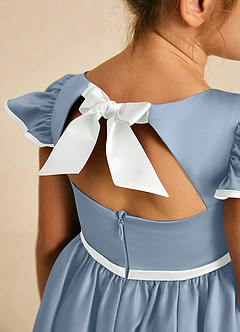 Azazie Sugar Plum Flower Girl Dresses Dusty Blue Ivory A-Line Bow Matte Satin Dress image4