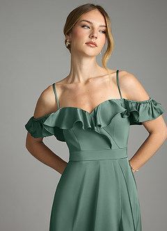 Azazie Lyra Bridesmaid Dresses Eucalyptus A-Line Off the Shoulder Stretch Satin Convertible Dress image11
