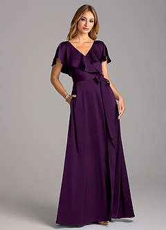 Azazie Lainey Robes de demoiselle d'honneur Robe Trapèze en Satin extensible avec poches Grain De Raisin image1