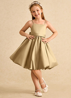 Azazie Davine vestidos de niña de las flores Vestido de Oro de Satin Mate de Corte En A con Tirante Espagueti image3