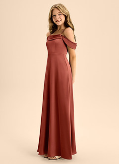 Azazie Anselie Junior Jurk van Stretch Satijn met A-Lijn Off the Shoulder Terracotta image6