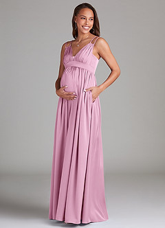 Azazie Emree Maternity Bridesmaid Dresses A-Line Stretch Satin Floor-Length Dress with Pockets image3